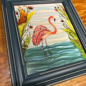 Colorful Flamingo Art in Blue Frame